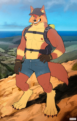 anthro backpack black_clothing black_gloves black_handwear black_hat black_headwear bottomwear brown_body brown_fur clothing fur gloves green_eyes handwear hat headgear headwear hiking hotpants male nipples outside paws shorts smile smirk solo tail tan_body tan_fur raythefox riley2777 canid canine canis mammal wolf absurd_res hi_res huge_filesize