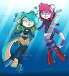 anthro clothing duo female fin legwear male male/female one-piece_swimsuit pattern_clothing pattern_legwear scuba scuba_diving stockings striped_clothing striped_legwear stripes swimwear underwater water wetsuit mermaidnerin ashley_the_cat echo_(mermaidnerin) domestic_cat felid feline felis mammal mustelid otter hi_res