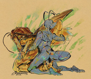 antennae_(anatomy) anthro anthro_on_anthro anthro_penetrated anthro_penetrating anthro_penetrating_anthro blue_antennae blue_body blue_tail brown_body iridescent kneeling male male/male male_penetrated male_penetrating male_penetrating_male penetration rear_view sex tail text yellow_body the_dawner a_bug's_life disney pixar flik_(a_bug's_life) hopper_(a_bug's_life) ant arthropod cricket grasshopper hymenopteran insect orthopterid 2024 artist_name dated digital_drawing_(artwork) digital_media_(artwork) english_description full-length_portrait hi_res portrait procreate_(artwork)