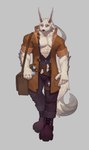 anthro belt boots bottomwear clothing coat collared_shirt dress_shirt fluffy fluffy_tail footwear hair male muscular pants pointy_ears ponytail potion potion_bottle satchel shirt shoes solo tail topwear trinkets ronci arcane_shop resque_(arcane_shop) canid canine fox mammal absurd_res hi_res