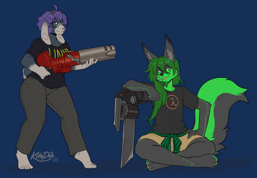 2_horns anthro barefoot black_clothing black_shirt black_topwear blue_eyes border bottomwear clothing crossed_legs denim denim_bottomwear denim_clothing duo eyewear feet female female_anthro fur glasses green_body green_fur green_hair grey_body grey_eyes grey_fur hair hand_on_leg horn jeans logo_on_shirt long_hair looking_at_viewer male male_anthro pants purple_hair ranged_weapon rocket_launcher shirt simple_background sitting smile t-shirt text topwear transparent_background transparent_border weapon wearing_glasses kittydee epic_games half-life quake_3_arena unreal_(series) valve aceien lornechrones bovid canid canine caprine mammal 2025 alpha_channel artist_name dated