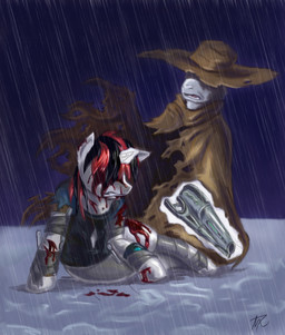 alternate_universe bandage bandaged_leg blood blood_drip blood_on_clothing blood_on_face blood_on_ground blood_on_mouth blood_splatter bodily_fluids brown_clothing cape cloak clothing cowboy_hat dripping duo energy_weapon excessive_blood female gun hat headgear headwear horn magic male outside pip-boy raining ranged_weapon torn_clothing weapon wounded mistermech fallout fallout_equestria foe:_project_horizons friendship_is_magic hasbro microsoft my_little_pony mythology blackjack_(fallout_equestria) dealer_(fallout_equestria) fan_character earth_pony equid equine horse mammal mythological_creature mythological_equine pony unicorn crossover