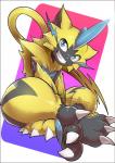 2018 3_toes abstract_background ambiguous_gender anthro blue_eyes blush claws digital_media_(artwork) feet felid fingers fur generation_7_pokemon hi_res kicktyan legendary_pokemon looking_at_viewer mammal multicolored_body multicolored_fur nintendo open_mouth pawpads paws pokemon pokemon_(species) simple_background solo toe_claws toes zeraora