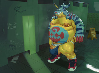 anthro balls barbell_piercing bathroom belly belly_markings big_balls big_belly big_bulge big_nipples big_penis bodily_fluids body_hair bulge butt_hair chest_hair claws clothing detailed_background detailed_bulge facial_hair fangs footwear fupa genitals graffiti hairy_balls horn huge_balls huge_bulge huge_penis ineffective_clothing jockstrap looking_at_viewer male markings moobs mostly_nude musclegut muscular muscular_legs nipple_piercing nipples overweight overweight_male penis piercing pubes public_restroom restroom_stall shoes smile sneakers socks solo spikes standing stripes sweat sweaty_balls sweaty_genitalia sweaty_penis tail tally_marks teeth text underwear vein veiny_penis wet_floor_sign kazushi bandai_namco digimon digimon_(species) gabumon english_text hi_res