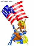 american_flag anthro big_breasts blonde_hair blue_eyes boots breasts clothed clothing female flag footwear gloves hair handwear high_heeled_boots high_heels long_hair mask melee_weapon shield shoes solo superhero sword tail united_states_of_america weapon max_blackrabbit lady_liberty equid equine horse mammal digital_media_(artwork)