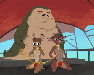 adolescent anthro anthrofied antlers bottomwear chain chain_leash clothing cloven_hooves collar costume fur group hooves horn leash leashed_collar loincloth male male/male nipples sex_slave slave slave_leia_costume trio young s1ck0z0n3 bambi_(film) disney star_wars bambi jabba_the_hutt ronno alien deer hutt mammal 5:4 absurd_res crossover digital_media_(artwork) hi_res