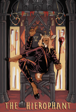 anthro antler_jewelry antlers card church clothed clothing ear_piercing ear_ring feet female fur gesture hair hand_gesture holding_object hooves horn latex long_hair major_arcana piercing pointing pointing_up ring ring_piercing roman_numeral sitting solo staff tail tarot tarot_card text the_hierophant_(tarot) tight_clothing tessa_gaf deer mammal digital_media_(artwork) english_text hi_res