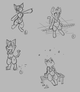 ahoge anthro bench bikini cat_smile clothing dotted_bikini dripping eyeshadow female hair label makeup narrowed_eyes outstretched_arm pattern_bikini pattern_clothing pattern_swimwear paws sitting solo standing star star_gazing striped_bikini striped_clothing striped_swimwear stripes swimming_pool swimwear towel two-piece_swimsuit wearing_towel wet wet_body shatterstone nutmeg_(turbineclaw) felid feline mammal guide_lines monochrome sketch