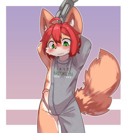 ahoge anthro balls bdsm blush bodily_fluids bondage bound chain clothed clothing ear_tuft erection fluffy fluffy_tail front_view fur genitals green_eyes hair hands_behind_head looking_down male penis red_hair restrained_arms restraints shota simple_background solo standing sweat sweatdrop sweatshirt sweatshirt_only tail text tuft young riunamo brooklyn_sweater mero_(riunamo) canid canine fox mammal 2025 absurd_res english_text hi_res