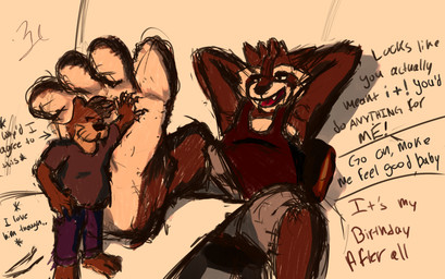3_toes 4_toes anthro archer915 bottomwear clothing duo feet furniture hand_on_foot larger_male macro male male/male micro pants paws shirt shorts sitting size_difference sketchy smaller_male smile t-shirt table tank_top toes topwear mammal mustelid otter procyonid raccoon hi_res