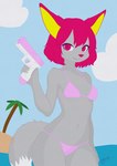 anthro bikini bikini_bottom bikini_top breasts clothing eyelashes female fur grey_body grey_fur gun hair handgun looking_at_viewer navel pink_bikini pink_bikini_bottom pink_bikini_top pink_clothing pink_eyes pink_hair pink_nose pink_swimwear pistol purple_eyelashes ranged_weapon side_boob smile solo swimwear toy toy_gun two-piece_swimsuit under_boob water water_gun weapon yellow_ear_fluff thekitsuyt gure_(thekitsuyt) canid canine fox mammal cel_shading hi_res shaded signature