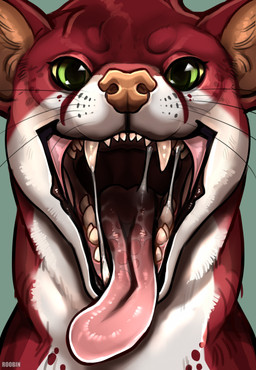 ambiguous_form ambiguous_gender bodily_fluids fangs front_view fur glistening glistening_eyes green_background green_eyes looking_at_viewer mouth_shot open_mouth orange_nose red_body red_fur red_tongue saliva saliva_string simple_background solo teeth tongue tongue_out whiskers white_body white_fur roobin mammal mink mustelid musteline true_musteline hi_res