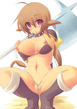 areola armor axe battle_axe bikini breasts brown_hair clothed clothing collar fantasy_weapon female genitals hair ineffective_censorship melee_weapon nipples pauldron purple_eyes pussy_floss skimpy solo spread_legs spreading swimwear tail tail_tuft tuft two-piece_swimsuit vulva weapon kourourin animal_humanoid bovid bovid_humanoid bovine bovine_humanoid cattle_humanoid human humanoid mammal mammal_humanoid censored