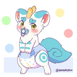 ambiguous_gender anthro blue_markings blue_pacifier blue_tail blush blush_lines clean_diaper clothed clothing curled_tail diaper diaper_only fluffy fluffy_tail fur geometric_background hand_on_diaper head_horn horn inner_ear_fluff markings multicolored_body multicolored_fur object_in_mouth pacifier pacifier_in_mouth pink_inner_ear simple_background solo standing tail topless touching_diaper tuft twitter_handle two_tone_body two_tone_fur wearing_diaper wetness_indicator white_body white_fur white_inner_ear_fluff avealrykun fabulous_beasts mythology tianlu_(fabulous_beasts) mythological_creature pixiu 1:1 2024 full-length_portrait portrait