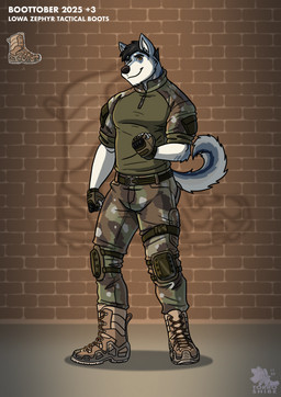 anthro army army_clothing army_outfit army_uniform belt biceps big_muscles black_hair blue_body blue_eyes blue_fur boots bottomwear brick brick_background brick_wall brown_boots brown_clothing brown_eyes brown_footwear bulge camo camo_bottomwear camo_clothing camo_gloves camo_handwear camo_jacket camo_pants camo_print camo_topwear clothing combat_boots fingerless_gloves fist footwear fur gloves green_belt green_bottomwear green_clothing green_fingerless_gloves green_gloves green_handwear green_jacket green_pants green_topwear grin grinning_at_viewer hair handwear heterochromia jacket knee_pads looking_at_viewer male manly military military_clothing military_gloves military_jacket military_pants military_uniform mismatched_eyes muscular muscular_anthro muscular_male pants pattern_bottomwear pattern_clothing pattern_gloves pattern_handwear pattern_pants pattern_topwear pose shadow shoes smile smiling_at_viewer soldier solo standing tail thick_arms topwear uniform wall_(structure) warrior white_body white_fur torrosketch canid canine canis domestic_dog husky mammal nordic_sled_dog spitz hi_res
