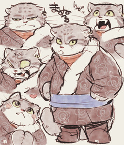 angry anthro asian_clothing boots clothing cross-popping_vein ear_piercing east_asian_clothing fangs footwear head_tilt heart_symbol looking_at_viewer male narrowed_eyes piercing pleading_eyes rosy_cheeks shocked shoes solo tail teeth text whiskers yellow_sclera sanjiro felid mammal pantherine snow_leopard japanese_text translated