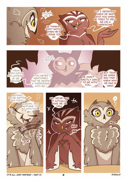 anthro beak bodily_fluids chest_tuft dialogue duo eyelashes eyes_closed feathers female looking_at_another male male_anthro mischievous mischievous_smile narrowed_eyes neck_tuft nervous onomatopoeia open_mouth open_smile red_body simple_background sitting smile sound_effects speech_bubble sweat talking_to_another tan_body tan_feathers text tuft wide_eyed winged_arms wings yellow_eyes rozalid it's_all_just_pretend atheniv bubowl flammeusia athene_(genus) avian bird eared_owl eurasian_eagle-owl horned_owl little_owl owl short-eared_owl true_owl absurd_res comic digital_media_(artwork) english_text hi_res