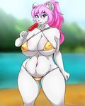 anthro beach big_breasts bikini blush breasts clothed clothing collarbone curvy_figure female food hair huge_breasts micro_bikini navel nipple_outline outside pink_hair popsicle seaside skimpy solo string_bikini swimwear thick_thighs two-piece_swimsuit voluptuous water white_body wide_hips matypup golden_week sharon_(dtripper) bear koala mammal marsupial vombatiform 4:5 hi_res