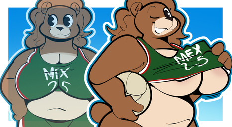 :3 anthro areola ball big_breasts blue_background border bottomwear breasts brown_body brown_fur brown_hair cleavage clothed clothing clothing_lift crop_top ear_tuft eyelashes facial_markings female female_anthro form_fitting fur green_bottomwear green_clothing green_crop_top green_shirt green_shorts green_topwear hair hands_on_hips head_markings holding_ball holding_object markings mexico muzzle_(marking) navel one_eye_closed outline overweight overweight_female pink_areola round_ears shirt shirt_lift short_tail shorts simple_background smile solo sport tail tan_body tan_fur topwear tuft under_boob volleyball volleyball_(ball) white_border white_outline wink gabbah petunia_(gabbah) bear mammal 2025 digital_media_(artwork) hi_res