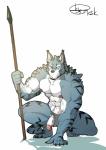 abs anthro biceps big_muscles black_body black_fur black_nose blue_body blue_eyes blue_fur bottomwear chest_tuft claws clothed clothing crouching fur genitals half-erect humanoid_genitalia humanoid_penis loincloth male melee_weapon muscular muscular_anthro muscular_male nipples pecs penis pink_nipples polearm simple_background solo spear striped_body striped_fur stripes toe_claws topless tribal tuft vein weapon white_background white_body white_fur husky_(artist) koreanhusky canid canine mammal 2017 absurd_res hi_res