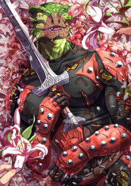 anthro armor belt blood bodily_fluids bodypaint clothing duo face_paint facial_scar flower gloves green_body green_scales handwear holding_flower holding_melee_weapon holding_object holding_sword holding_weapon horn leather leather_armor looking_at_viewer male melee_weapon muscular plant scales scar smile sword torn_clothing weapon wounded yellow_eyes gunka bethesda_game_studios microsoft skyrim the_elder_scrolls the_dark_brotherhood_(the_elder_scrolls) veezara argonian scalie 2023 hi_res