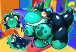 abstract_background anthro biped blush bulge glistening glistening_body green_body horn humiliation inflatable inflation latex lock_bulge nude painted-on_mouth silly smile solo tail toony yellow_eyes creaknsqueak jude_(creaknsqueak) animate_inanimate chimera living_inflatable living_pool_toy mammal 2024 digital_media_(artwork) trans_(lore)