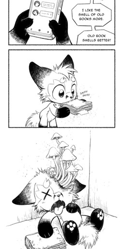 anthro book cellphone chibi death dialogue disgusted_face electronics fangs featureless_crotch fungus fur gore head_tuft male missing_eye mushroom open_mouth pawpads phone sniffing solo speech_bubble teeth text tongue tongue_out tuft x_eyes silverfox5213 silverfox5213_(character) canid canine fox mammal red_fox true_fox 2025 absurd_res artist_name black_and_white comic digital_drawing_(artwork) digital_media_(artwork) english_text hi_res monochrome url