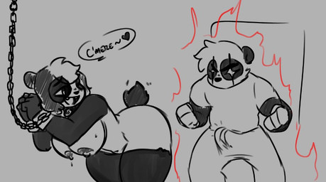 anthro anthro_on_anthro black_body black_fur bound breasts bulge butt chain chained clothed clothing dialogue duo fangs female fluffy fluffy_tail fur hair imminent_sex male male/female multicolored_body multicolored_fur nipples open_mouth open_smile presenting simple_background smile speech_bubble tail teeth text tongue two_tone_body two_tone_fur white_body white_fur hijackerdraws bear giant_panda mammal english_text