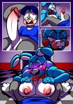 2022 absurd_res animatronic anthro balls big_breasts blue_body bottomless bottomless_male breast_play breasts buckteeth checkered checkered_floor clothed clothing comic digital_media_(artwork) duo english_text erection eyebrows eyelashes eyewear female female_rape fingers five_nights_at_freddy's five_nights_at_freddy's_2 forced genitals glasses green_eyes grey_body hand_on_breast hi_res humanoid_genitalia humanoid_penis lagomorph leporid licking lying machine male male/female mammal nipples nude on_back open_mouth oral penile penis penis_lick pink_eyes protagon rabbit rape reverse_forced_oral robot scottgames sex teeth text titfuck tongue tongue_out toy_bonnie_(fnaf) unwanted_erection