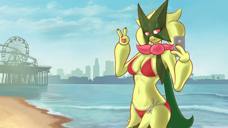 amusement_park anthro anthrofied beach big_breasts bikini biped bra breasts cape cellphone city city_background cityscape clothing cloud electronics eyebrows eyelashes female female_anthro fur gesture gesturing_at_viewer green_body green_fur green_hair green_mask hair hand_gesture mask mouth_closed navel panties parody phone pink_eyes pokemorph red_bikini red_clothing red_swimwear sand screencap screencap_background sea selfie sky smartphone smile solo standing string_bikini swimwear text two-piece_swimsuit underwear v_sign water additionalespeon333 apple_inc. grand_theft_auto grand_theft_auto_v iphone nintendo pokemon rockstar_games felid feline generation_9_pokemon mammal meowscarada pokemon_(species) 16:9 2026 absurd_res artist_name colored digital_drawing_(artwork) digital_media_(artwork) draw_over hi_res portrait shaded widescreen