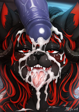 anthro black_body black_fur black_hair bodily_fluids cum cum_in_mouth cum_inside cum_on_face cum_on_tongue ejaculation female female_anthro fur genital_fluids genitals hair highlights_(coloring) horn inner_ear_fluff leaking_cum penis penis_on_head pink_penis red_eyes red_highlights sweat teeth text tongue tongue_out tuft vein veiny_penis mifa mythology iggy_(kingignis) canid canid_demon canine demon hellhound mammal mythological_canine mythological_creature succubus 2025 artist_name headshot_portrait hi_res portrait signature