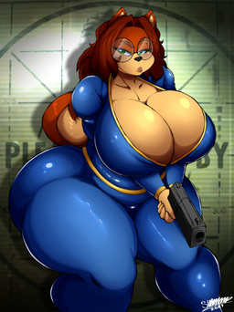 abstract_background anthro big_breasts big_butt black_nose bodysuit breasts brown_hair bubble_butt butt butt_from_the_front cleavage clothed clothing curled_tail curvy_figure eyebrows eyewear female fingers fur glasses green_eyes gun hair holding_gun holding_object holding_ranged_weapon holding_weapon hourglass_figure huge_breasts huge_butt jumpsuit multicolored_body multicolored_fur orange_body orange_fur raised_eyebrow ranged_weapon red_hair skinsuit small_waist solo tail thick_thighs tight_clothing two_tone_body two_tone_fur vault_suit weapon wide_hips superix fallout microsoft superia canid canine canis domestic_dog mammal 2021 absurd_res dated digital_drawing_(artwork) digital_media_(artwork) hi_res signature