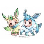 ambiguous_gender clothing cosplay costume duo evolutionary_family feral footwear hoodie jacket pokemon_costume shoes standing topwear itsbirdyart nintendo pokemon eevee eeveelution generation_1_pokemon generation_4_pokemon glaceon leafeon pokemon_(species) 1:1 colored_pencil_(artwork) low_res traditional_media_(artwork) watermark