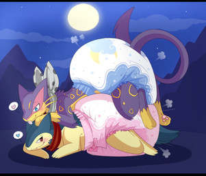 3_toes 4_fingers ambiguous_gender big_diaper blue_body blue_eyes blue_fur blue_tail blush blush_lines clean_diaper clothed clothing cloud_emanata cute_fangs detailed_background dialogue_box diaper diaper_puff duo emanata fangs feet feral fingers fur gloves_(marking) grey_kerchief grey_neckerchief hand_on_head head_markings heart_symbol kerchief leopard_spots long_tail love lying lying_on_another markings moon mountain multicolored_body multicolored_fur neckerchief neckwear night on_front one_eye_obstructed pawpads pink_inner_ear pink_pawpads purple_body purple_fur purple_tail red_eyes red_kerchief red_neckerchief side_view sky smile spots star tail teeth toes tongue tongue_out two_tone_body two_tone_fur wearing_diaper whiskers yellow_body yellow_fur jupiters nintendo pokemon farfel_(kurikia) kallos_(fang29) generation_2_pokemon generation_5_pokemon liepard pokemon_(species) typhlosion hi_res letterbox