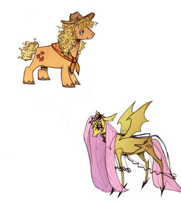 clothing curly_hair cutie_mark duo fangs female feral hair hat headgear headwear hooves membrane_(anatomy) membranous_wings pink_hair snout tail teeth toony wings bimtimtom friendship_is_magic hasbro my_little_pony applejack_(mlp) flutterbat_(mlp) fluttershy_(mlp) bat_pony earth_pony equid equine horse mammal pony hi_res