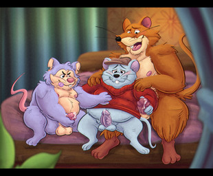 3_toes 4_fingers anthro balls bed bed_sheet bedding belly blush bodily_fluids bottomless brown_body brown_fur clothed clothing cum detailed_background eyebrows feet fingers fur furniture genital_fluids genitals group group_sex handjob hat headgear headwear holding_partner humanoid_genitalia humanoid_penis imminent_sex male male/male masturbation multicolored_body multicolored_fur nervous nervous_smile nipples notched_ear on_bed open_mouth penile penis precum purple_body purple_fur sex sitting smile sweater tan_body tan_fur thick_eyebrows threesome toes tongue tongue_out topwear trio two_tone_body two_tone_fur whiskers white_body white_fur 06betos11 disney don_bluth the_rescuers_(disney) the_secret_of_nimh bernard_(the_rescuers) justin_(nimh) mammal mouse murid murine rat rodent 2026 digital_drawing_(artwork) digital_media_(artwork) hi_res