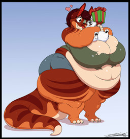 anthro belly big_belly big_breasts black_border border bottomwear breasts brown_eyes brown_hair clothing duo female fur gift hair heart_symbol hug huge_breasts huge_thighs larger_female male multicolored_body multicolored_fur obese obese_anthro obese_female one_eye_closed open_mouth overweight overweight_anthro overweight_female pouch_(anatomy) red_nose shorts size_difference smaller_male snaggle_tooth striped_body striped_fur stripes thick_thighs topwear torn_clothing torn_topwear two_tone_body two_tone_fur white_body white_fur white_hair deonwolf deon_(deonwolf) liz_(ghostblackburn) canid canine canis kangaroo macropod mammal marsupial wolf 2020 digital_media_(artwork) hi_res