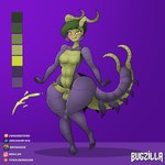 anthro balls blush bodily_fluids cum erection femboy genital_fluids genitals green_body green_hair hair male penis purple_body solo tail thick_thighs yellow_eyes bugzilla tobyn arthropod centipede myriapod 1:1 absurd_res hi_res model_sheet