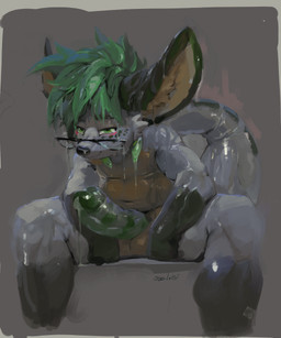 anthro balls big_ears black_nose bodily_fluids closed_smile cum cum_string erection eyewear front_view genital_fluids genitals glasses gloves_(marking) green_eyes green_hair green_penis grey_body hair humanoid_genitalia humanoid_penis leg_markings male male_anthro markings mouth_closed nude penis short_hair simple_background sitting smile socks_(marking) solo striped_genitalia striped_penis stripes wet wet_body yellow_balls yellow_body oselotti wislow 2025 absurd_res hi_res signature