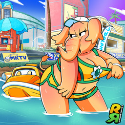 anthro belly bikini bikini_bralette bikini_pull bikini_shorts breasts butt cleavage clothed clothing clothing_pull colored_edge_bikini dripping female female_focus group heat_(temperature) lake midriff navel partially_submerged presenting presenting_hindquarters proboscis_(anatomy) solo_focus swimwear swimwear_pull trunk_(anatomy) tugging_clothing two-piece_swimsuit water wet wet_body wet_skin yellow_bikini yellow_clothing yellow_swimwear randomriot mario_bros mario_kart_world nintendo super_mario_bros_wonder elephant_daisy princess_daisy princess_daisy_(swimwear)_(mario_kart_world) cyan_yoshi elephant elephantid mammal proboscidean yoshi 1:1 2025 hi_res