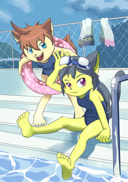 anthro barefoot black_hair clothing duo eyewear feet female female/female goggles hair one-piece_swimsuit poolside school_swimsuit swimming swimming_pool swimwear tube young young_anthro young_female chef_cheiro_(artist) almond_chestnut selenia_cetross canid canine canis domestic_cat domestic_dog felid feline felis mammal hi_res
