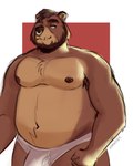 anthro belly briefs brown_body bulge clothing facial_piercing humanoid_hands male moobs navel nipples nose_piercing nose_ring overweight overweight_male piercing ring_piercing simple_background solo underwear rovindeer gabriel_(rovindeer) bear mammal 2020 absurd_res hi_res