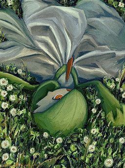 ambiguous_gender dandelion flower green_pseudo_hair looking_at_viewer lying on_back on_grass one_eye_obstructed open_mouth plant pseudo_hair red_eyes solo white_body gyuragyura nintendo pokemon gardevoir generation_3_pokemon humanoid pokemon_(species) 2025 signature