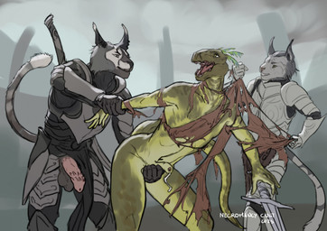 animal_genitalia animal_penis anthro armor ball_squeeze bodily_fluids clothing feline_genitalia feline_penis genital_fluids genitals group humanoid_genitalia humanoid_penis imminent_rape imminent_sex leaking_precum male male/male penile_spines penis precum torn_clothing trio necromancycult bethesda_game_studios microsoft skyrim the_elder_scrolls argonian felid khajiit mammal scalie hi_res