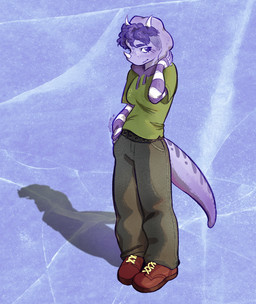 abstract_background alternate_costume anthro blush blush_lines bottomwear breasts clothed clothed_anthro clothed_female clothing facial_horn female footwear freckled_face freckles frill_(anatomy) green_clothing green_shirt green_topwear grey_bottomwear grey_clothing grey_pants hair hand_in_pocket hand_on_neck horn looking_aside markings medium_breasts non-mammal_breasts pants pockets purple_body purple_eyes purple_hair shadow shirt shoes short_hair shy solo spots spotted_markings standing striped_markings stripes tail topwear ceciqueijo goodbye_volcano_high ko_op_(game_developer) trish_(gvh) ceratopsian ceratopsid chasmosaurine dinosaur marginocephalian ornithischian prehistoric_species reptile scalie triceratops colored full-length_portrait portrait