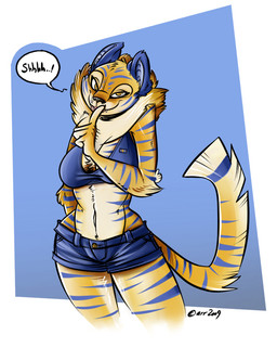 abstract_background anthro belly bikini biped black_outline blue_background blue_ears blue_markings border bottomwear breasts chest_tuft cleavage clothed clothing countershading dialogue female finger_to_mouth flag front_view fur gesture hand_gesture long_tail looking_at_viewer mane markings mascot midriff navel neck_tuft orange_body orange_fur outline raised_finger raised_index_finger shorts shush simple_background skimpy smile smiling_at_viewer solo standing stripes sweden swimwear tail text tight_clothing tuft two-piece_swimsuit white_belly white_border wide_hips year arr en_svensk_tiger felid mammal pantherine tiger 2009 dated digital_media_(artwork) english_text portrait restricted_palette signature three-quarter_portrait