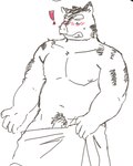 anthro blush exclamation_point genitals kemono male moobs musclegut muscular navel nipples penis pubes simple_background slightly_chubby solo towel white_background youzo3322 knights_college hermann_(knights_college) mammal suid suina sus_(pig) wild_boar 2023 hi_res sketch