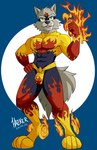 abs anthro bulge clothing costume fire fur green_eyes grey_body grey_fur male mask simple_background solo superhero hazker canid canine canis domestic_dog mammal hi_res