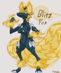 anthro blue_body blue_skin claws digitigrade female fire flaming_ears flaming_tail silver_nipples solo tail yellow_eyes delphixander bakugan blitz_fox_(bakugan) alien canid canine fox generation_2_bakugan mammal absurd_res hi_res