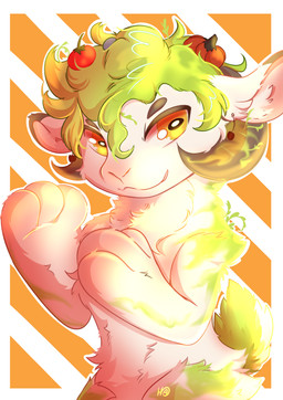 3_fingers anthro big_head border brown_ear_tips brown_horn dipstick_ears ear_markings fingers floral_hair food fruit grass_back grass_hair horizontal_pupils horn inner_ear_fluff male male_anthro multicolored_ears nude nude_anthro nude_male orange_background orange_eyes pattern_background pink_inner_ear plant pumpkin pumpkin_ear_ring pumpkin_earring pumpkin_earrings pupils simple_background solo striped_background tomato tuft white_background white_border white_ears white_inner_ear_fluff unknown_artist moowool bovid caprine mammal sheep absurd_res digital_media_(artwork) hi_res male_(lore)